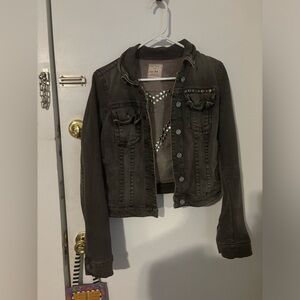 Free People Studded Heart Distressed Gray Denim Jacket